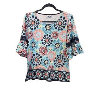 Crown & Ivy Women's M  Blue Floral Bell Sleeve Pullover Knit Top